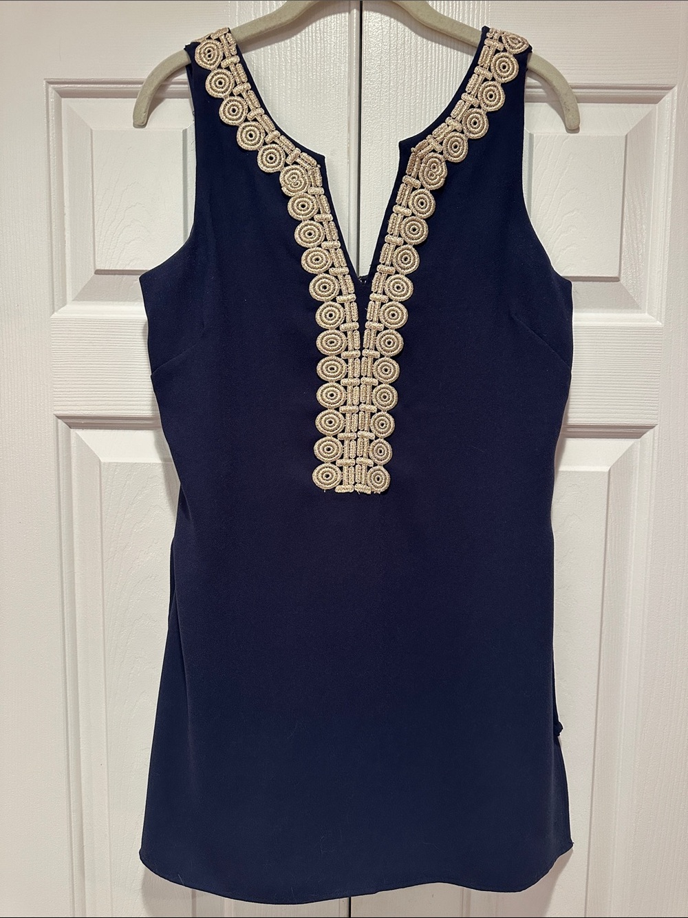 Lilly Pulitzer Navy Shift Romper with Gold Embellished V-Neck size 4